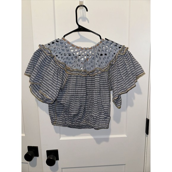 Free People Allora Blouse Womens Small Blue Peasant Cropped Crochet Striped XS - Picture 6 of 6